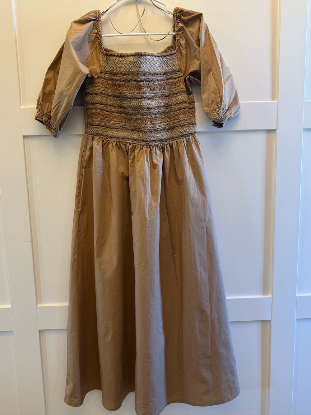 NWOT Women’s Smocked Midi Dress Tan Puff Sleeve Cottagecore Prairie Boho Size L